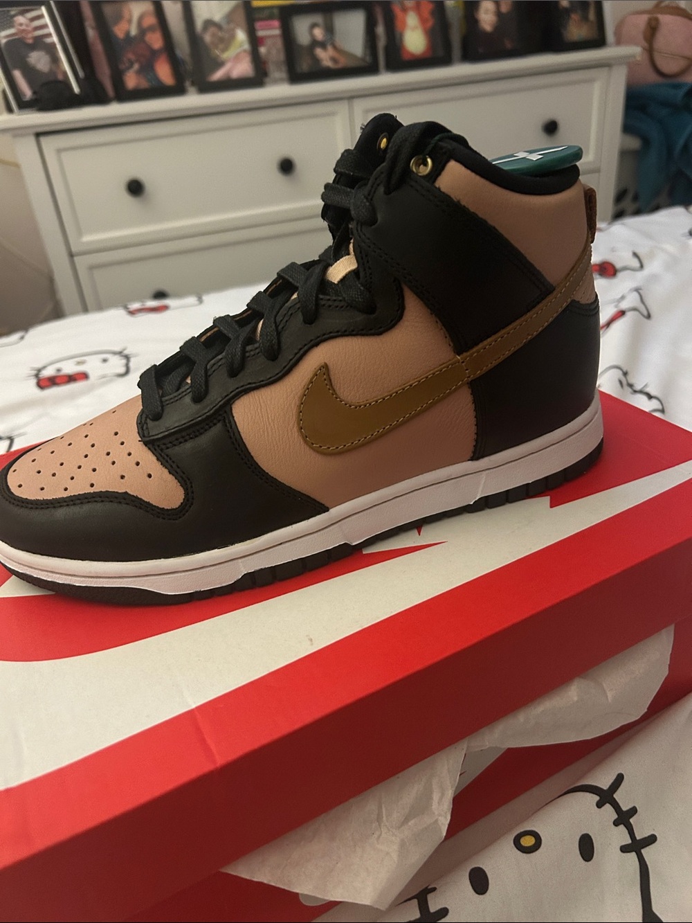 Nike Dunk High — Black and Tan Men's Sneakers with Gold Swoosh